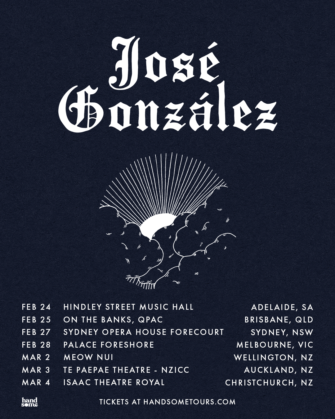 Tour poster for José González Australia and New Zealand tour featuring concert dates and venues.